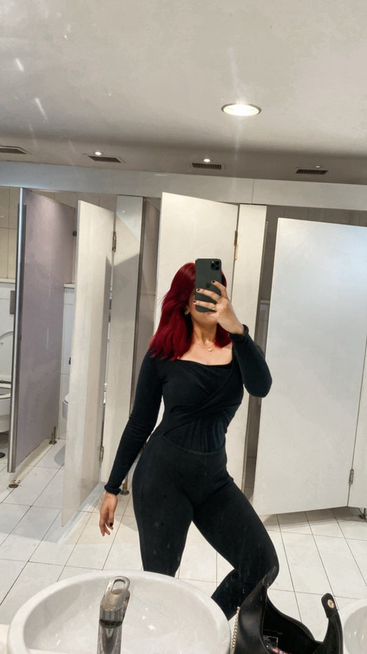 Rib Cross Over Long Sleeve Jumpsuit-PLT-2544-Black