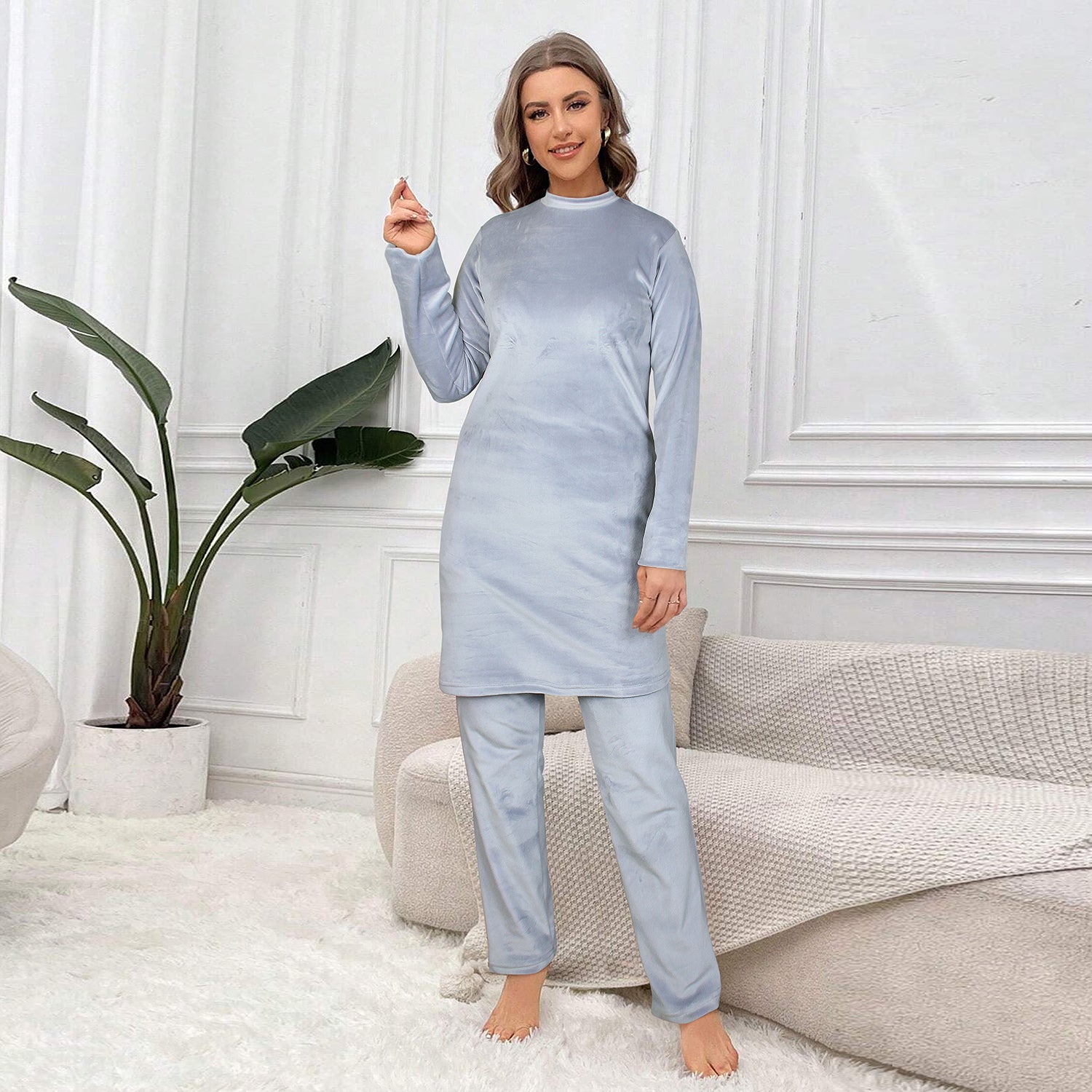 Velvet Crew Neck Tracksuit For Women-2354-Grey - Main Image