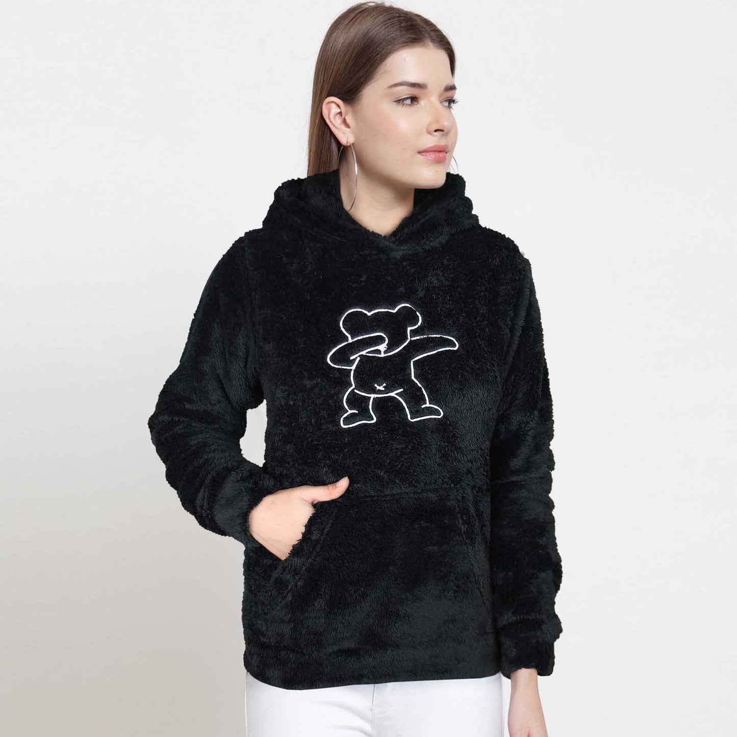 Teddy Bear Embroidered Furr Sherpa Hood For Women-2303