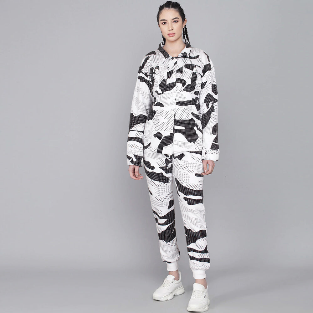 Utility Pocket black and white dots tracksuit-Ladies-2032-White Black