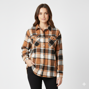 2799-Plt Women Oversized Check Shacket-Brown White