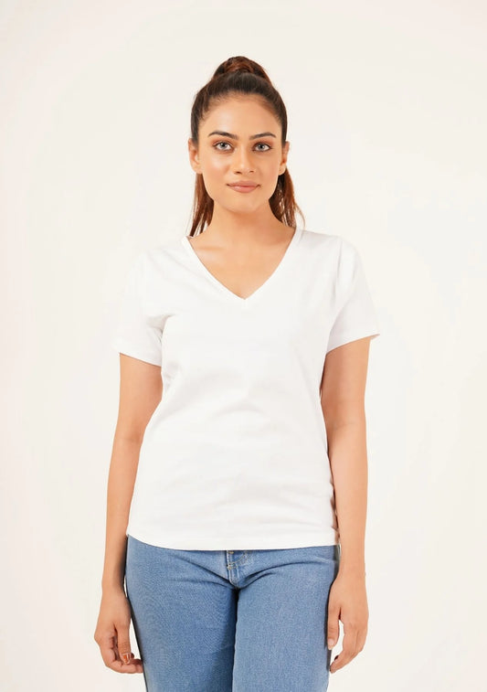 2695-Fapak V-Neck T-shirt For Women-White