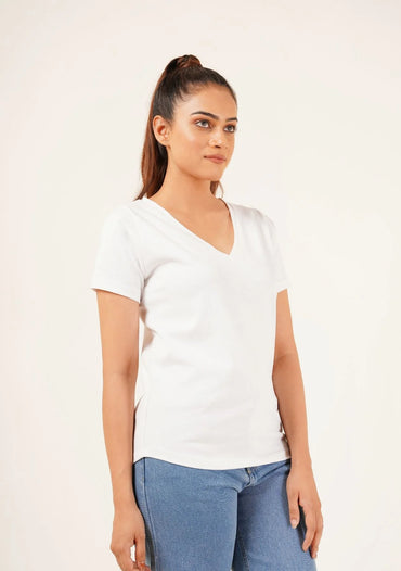 2695-Fapak V-Neck T-shirt For Women-White