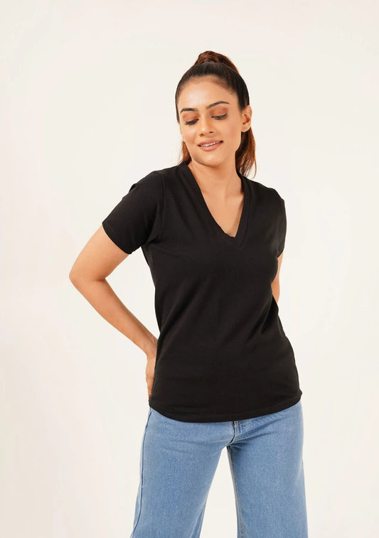 2695-Fapak V-Neck T-shirt For Women-Black