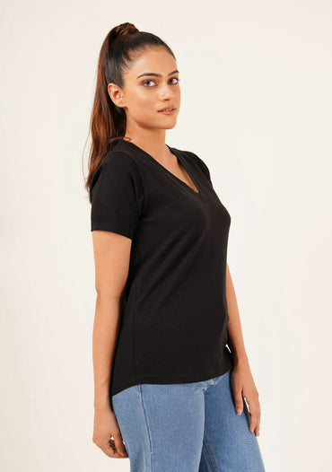 2695-Fapak V-Neck T-shirt For Women-Black