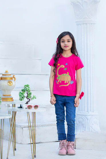 Carter Dinosaur Printed Girls T-shirt-KTST-2153-Dark pink