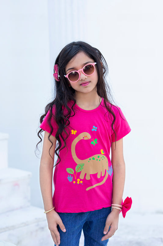 Carter Dinosaur Printed Girls T-shirt-KTST-2153-Dark pink