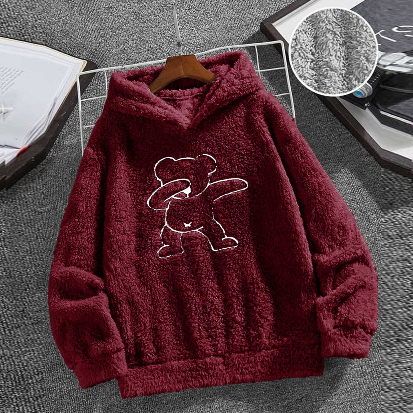 Teddy Bear Embroidered Furr Sherpa Hood For Women-2303