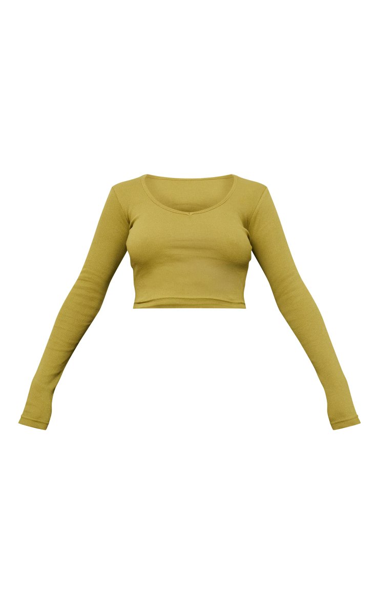 Long Sleeve Ribbed V-Neck Croptop-PLT-2301 -Olive