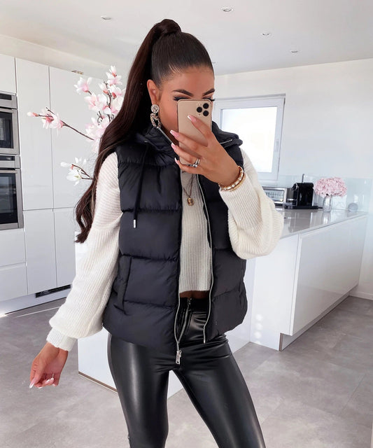 Hooded Gilet Sleeveless Jacket Full Zip For Women-Fp710 LJKT-2034-Black