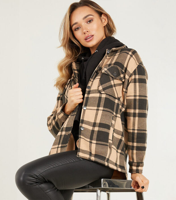 2796-Plt Women Oversized Check Shacket-Camel Black