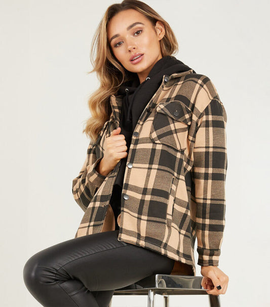 2796-Plt Women Oversized Check Shacket-Camel Black