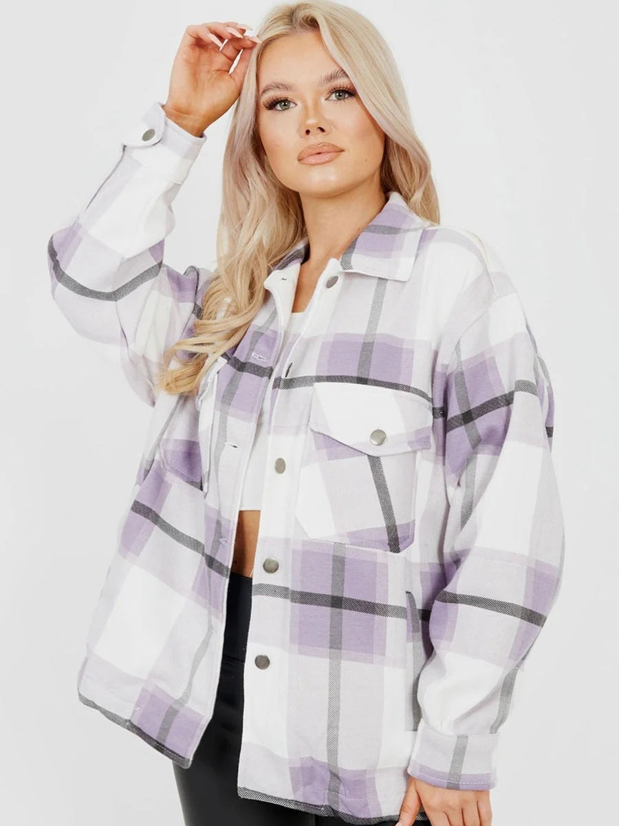 2790-Plt Women Oversize Check Shacket-Lilac White