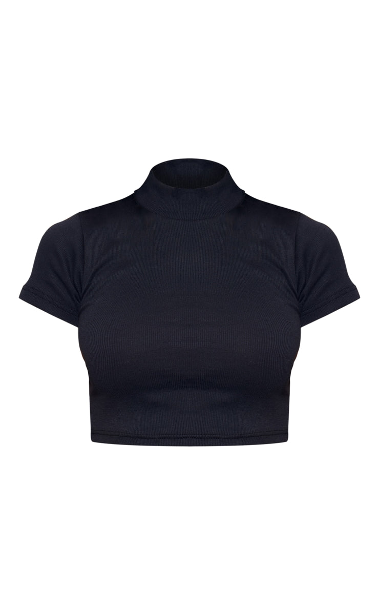 PLT Basic Rib High Neck Short Sleeve Crop Top-2322-Black