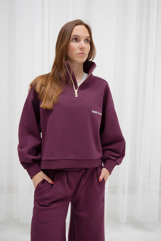 2732-Osk Women Cropped Drop Shoulder Half Zip Sweater-Plum