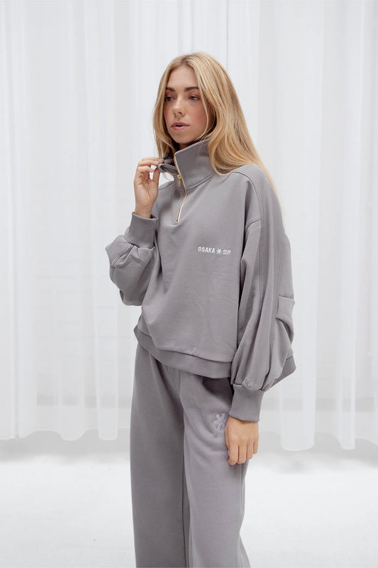 2732-Osk Women Cropped Drop Shoulder Half Zip Sweater-Grey