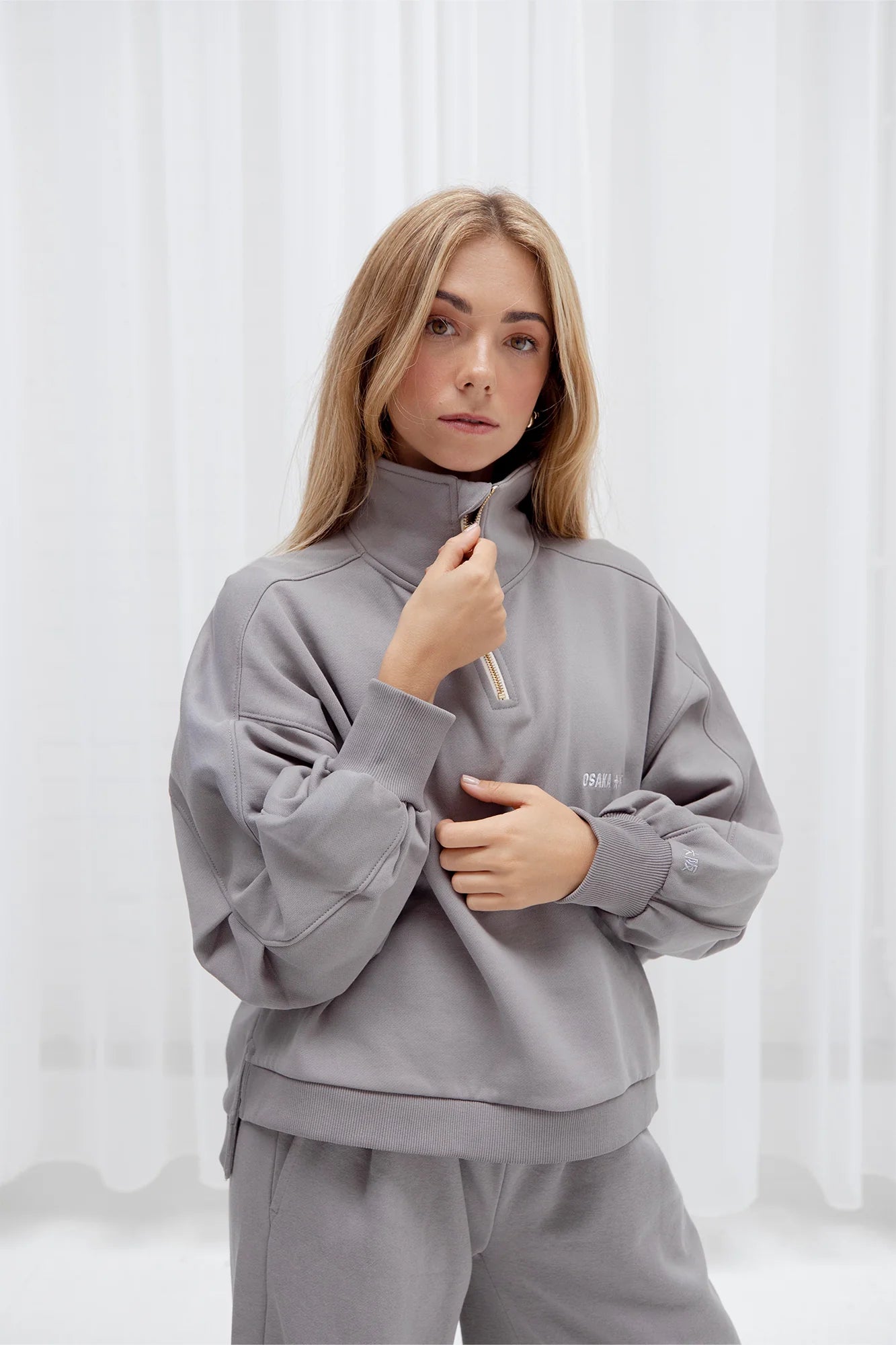 2732-Osk Women Cropped Drop Shoulder Half Zip Sweater-Grey