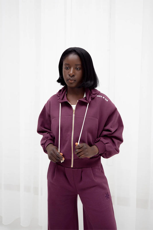 2734-Osk Women Cropped Drop Shoulder Full Zip Hoodie-Plum