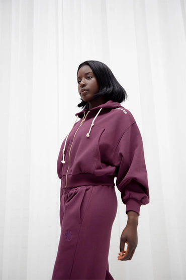 2734-Osk Women Cropped Drop Shoulder Full Zip Hoodie-Plum