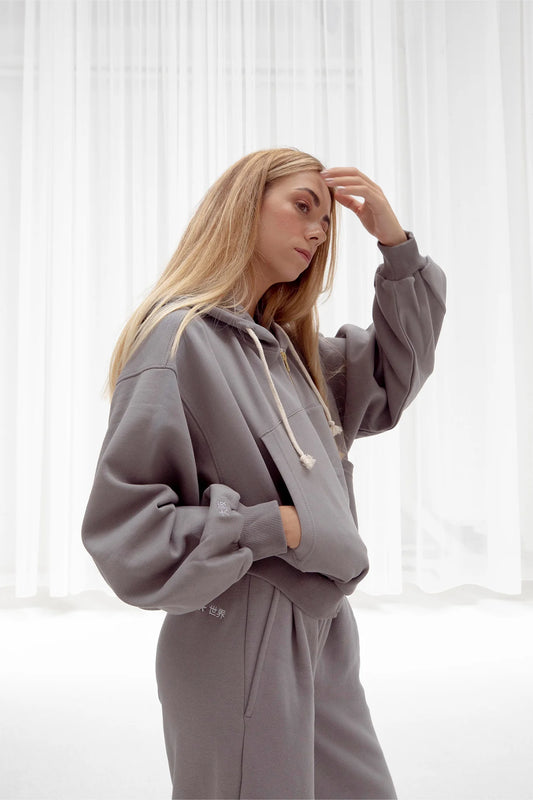 2734-Osk Women Cropped Drop Shoulder Full Zip Hoodie-Grey