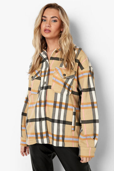 Beige Black Check Shacket For Women-2484