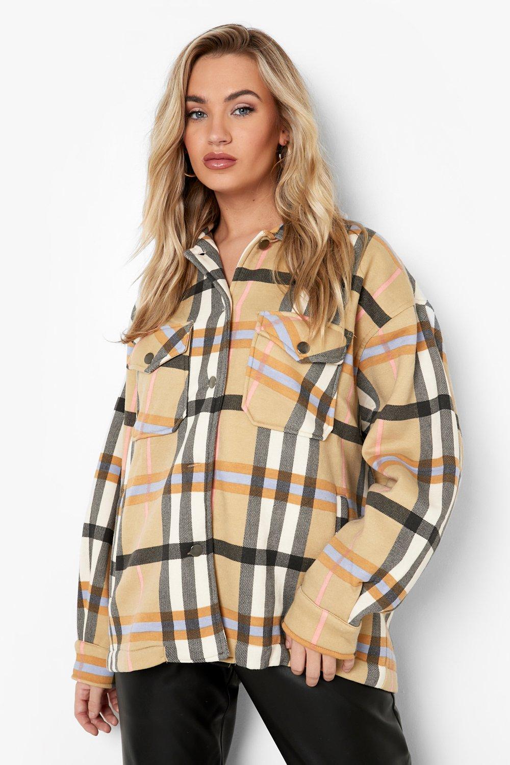 Beige Black Check Shacket For Women-2484