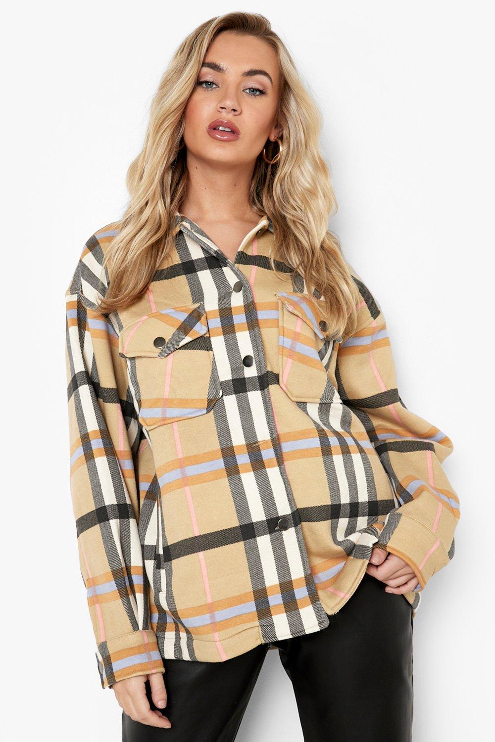 Beige Black Check Shacket For Women-2484