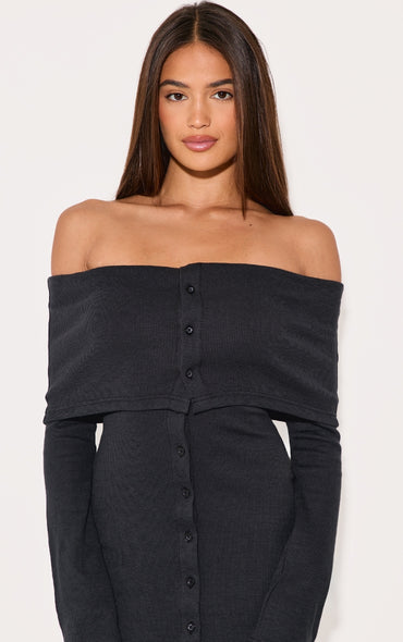 2663-Black Rib Fold Over Bardot Button Maxi Dress