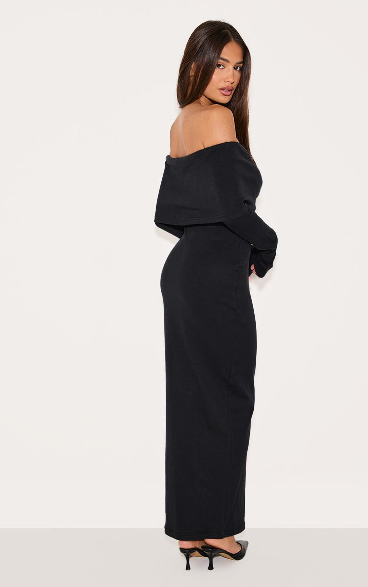 2663-Black Rib Fold Over Bardot Button Maxi Dress