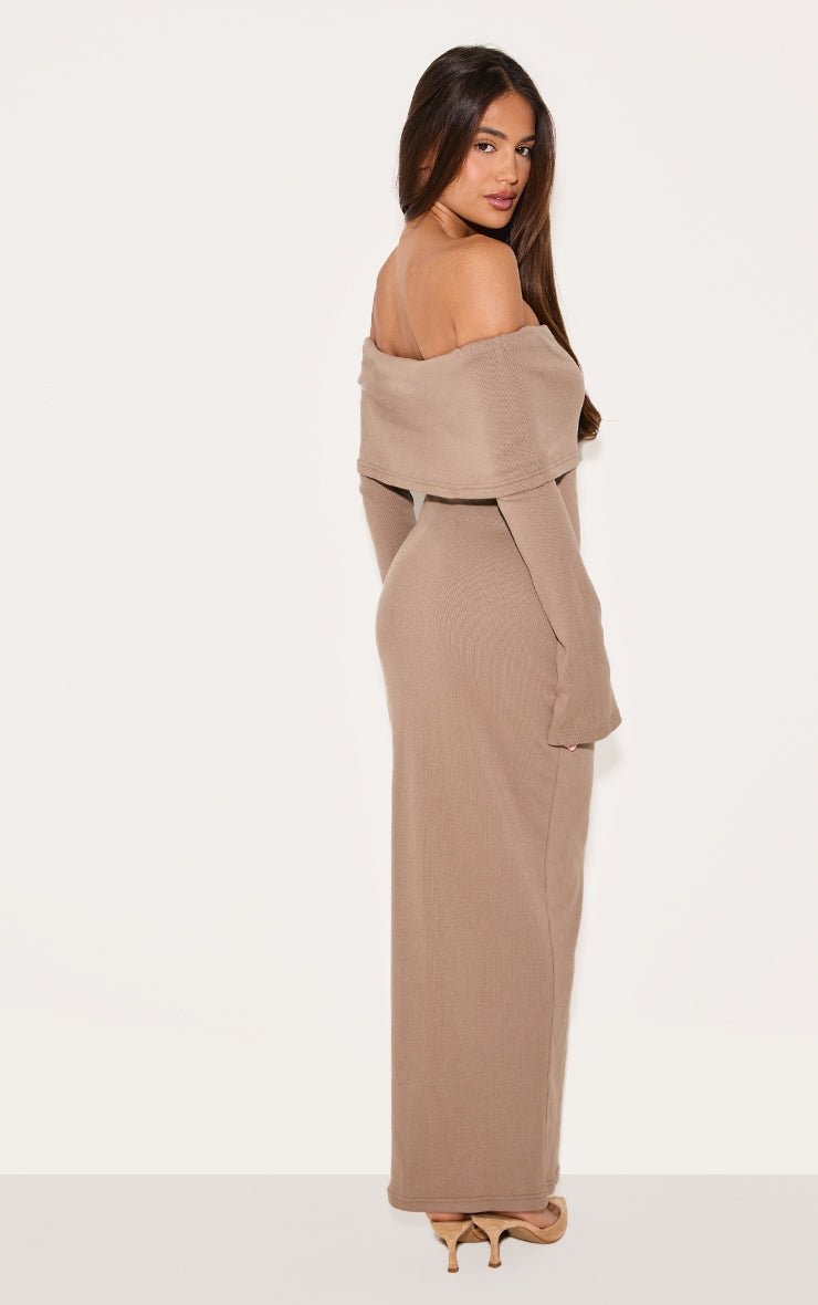 2663-Black Rib Fold Over Bardot Button Maxi Dress