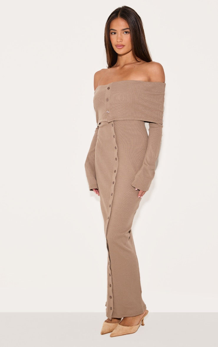 2663-Black Rib Fold Over Bardot Button Maxi Dress