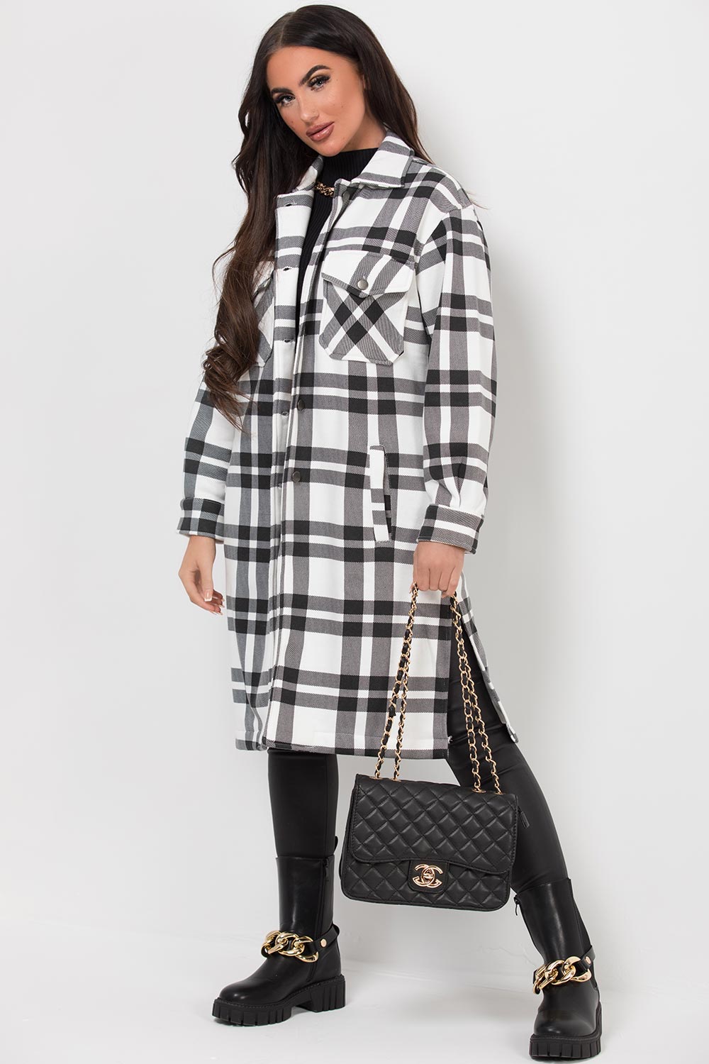 White Black Long Check Shacket For Women-2559
