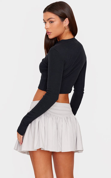 Ribbed Button Down Detail Long Sleeve Croptop-PLT-2546-Black