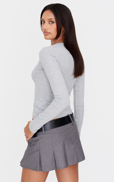 Ribbed Button Down V Neck Long Sleeve Top-PLT-2547-Grey