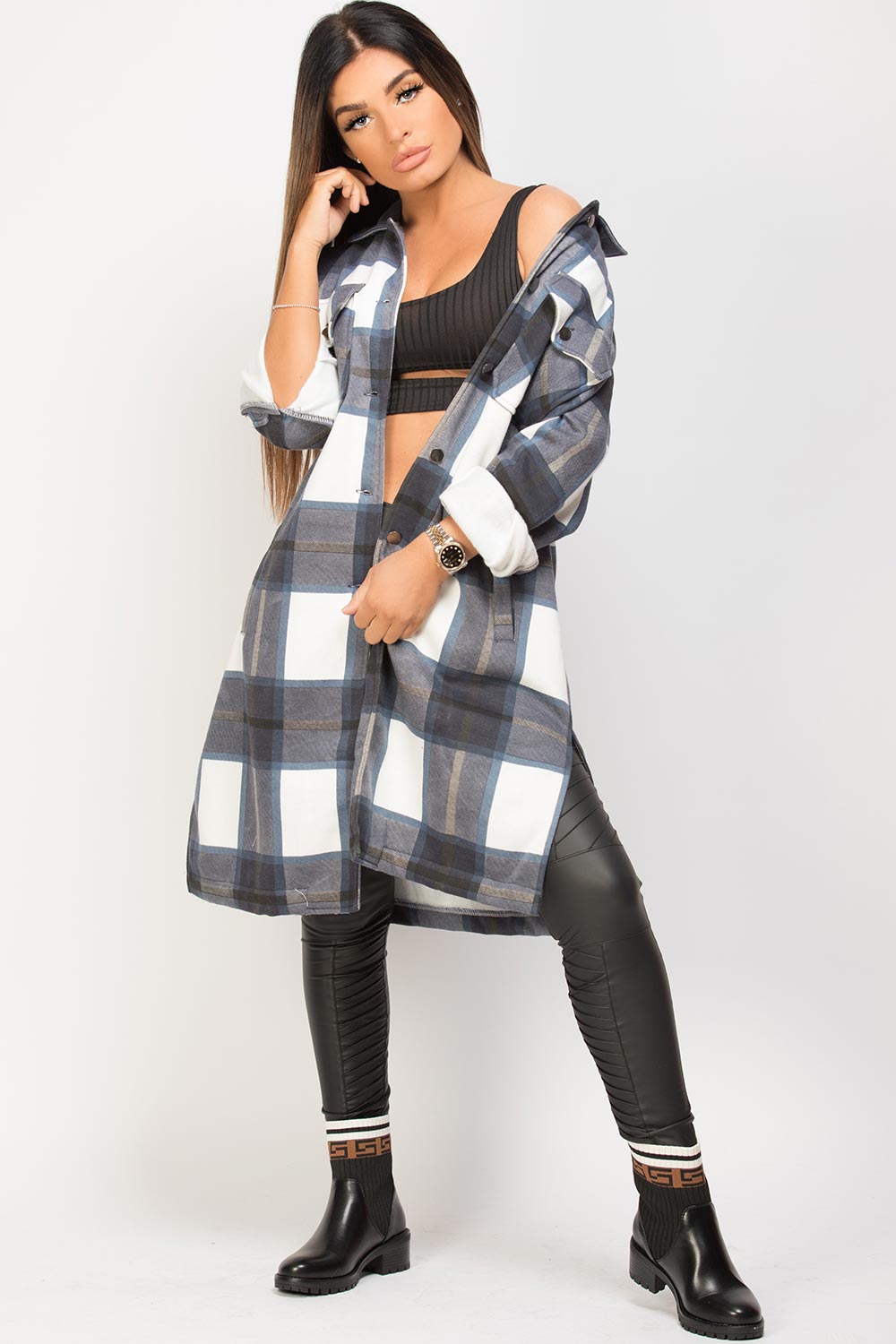 Blue White Long Check Shacket For Women-2560