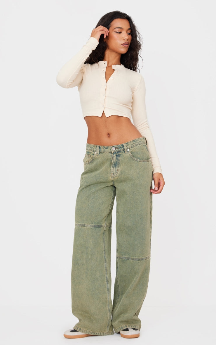 Ribbed Button Down Detail Long Sleeve Croptop-PLT-2546-Cream