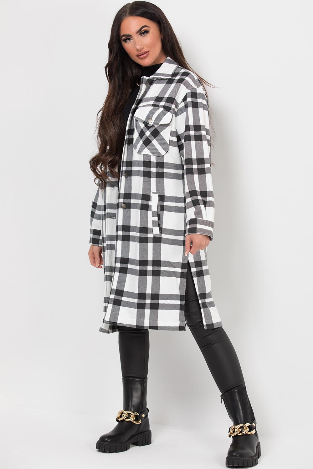 White Black Long Check Shacket For Women-2559