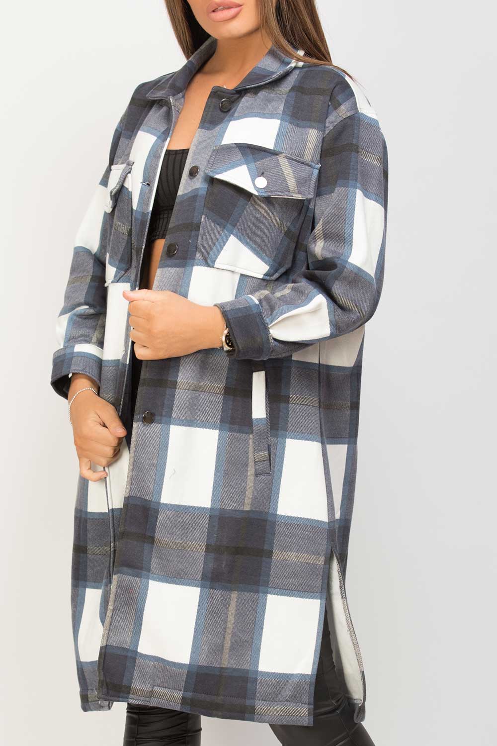 Blue White Long Check Shacket For Women-2560