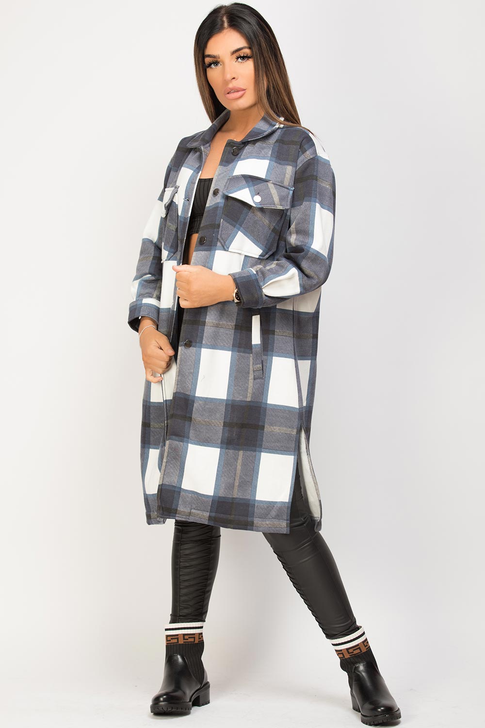 Blue White Long Check Shacket For Women-2560