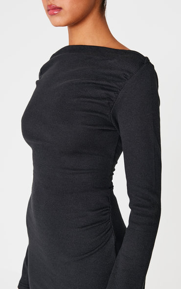 2656-Ribbed Ruched Detail Flare Sleeve Mini Dres