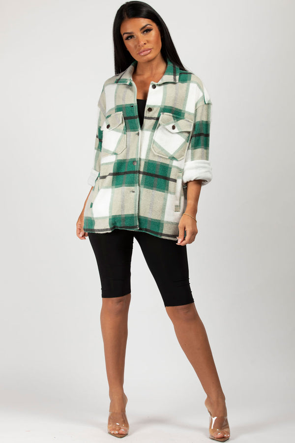 Green White Check Shacket For Women-2489