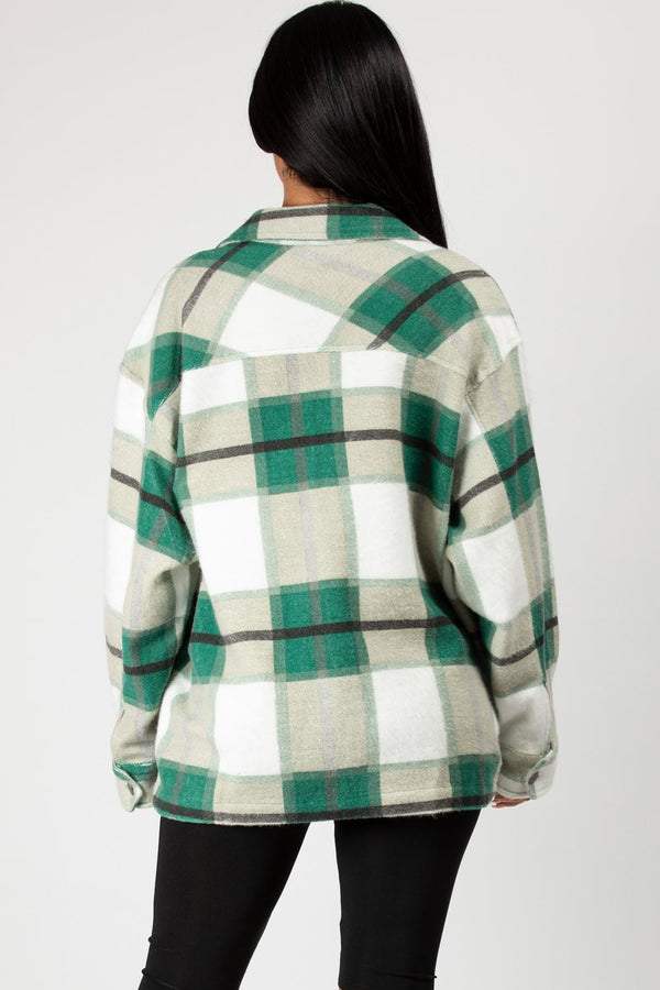 Green White Check Shacket For Women-2489