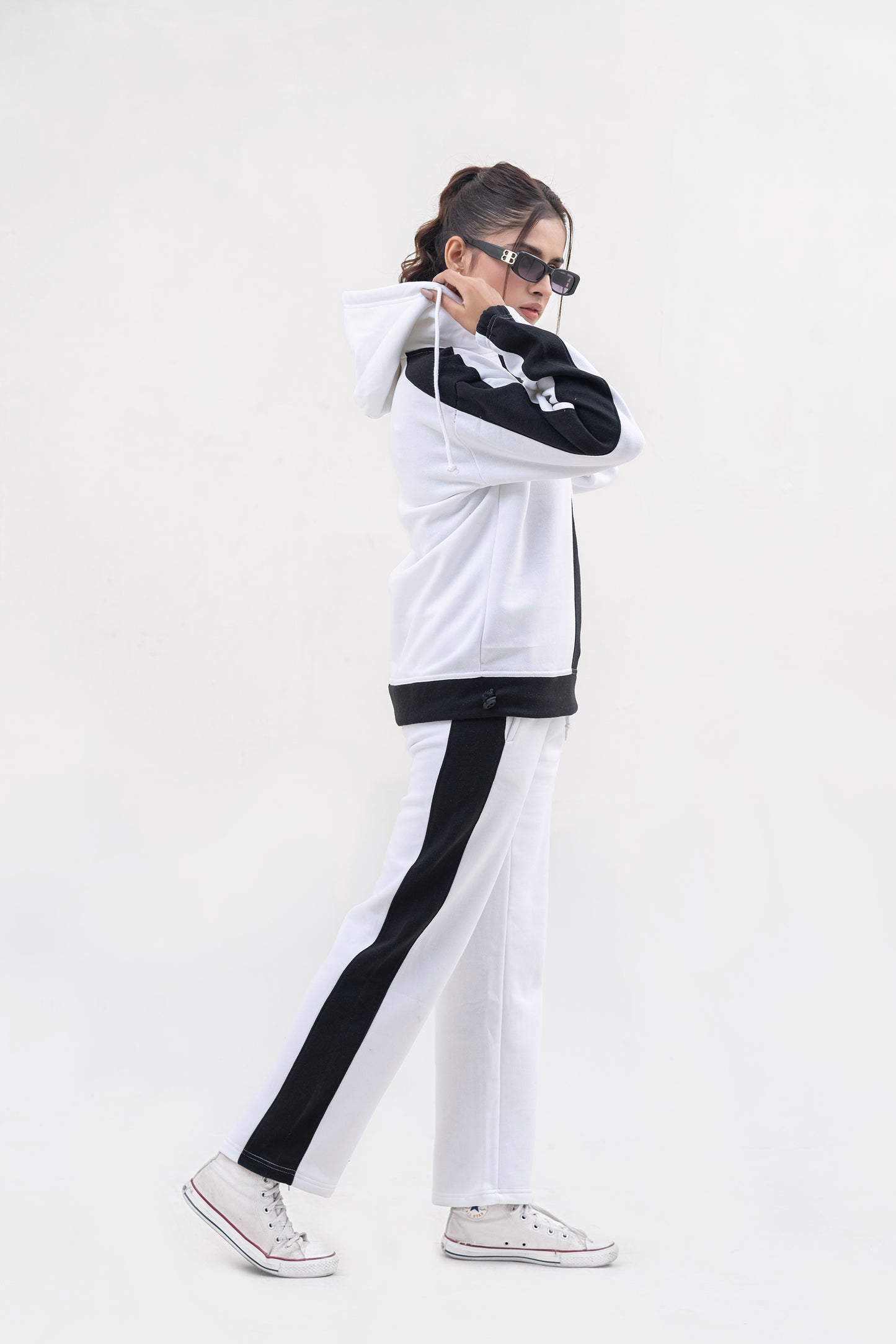 FX Quarter Zip Hood Tracksuit For Women-2583-White Black