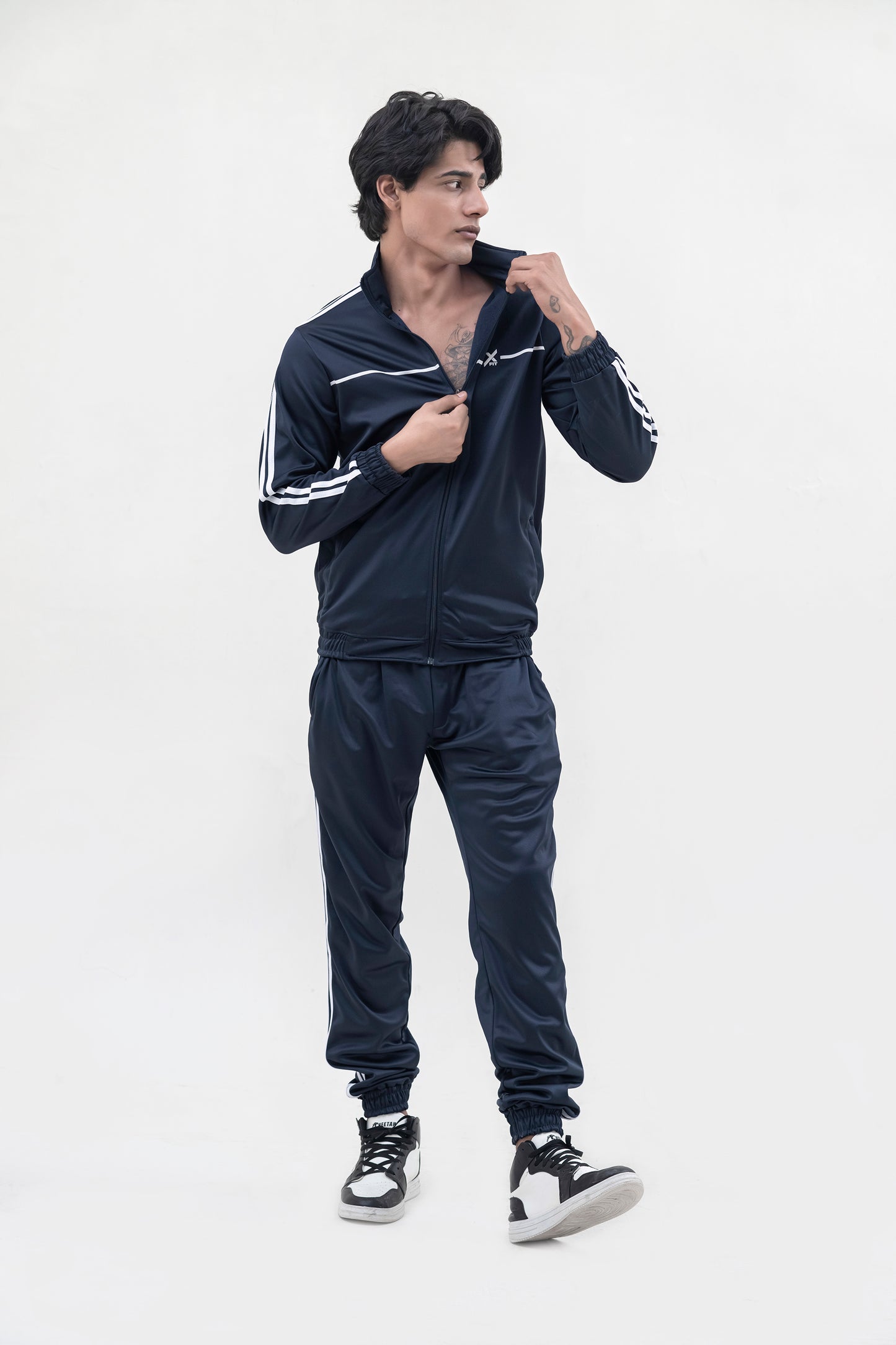 X-Fit White Stripes Full-Zip Tracksuit For Men-2585-Navy