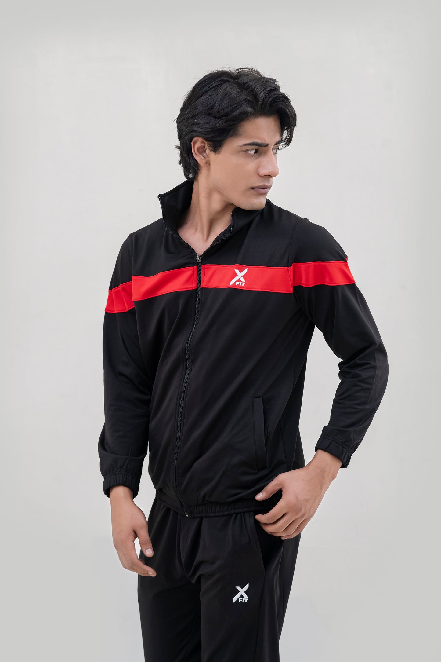 X-Fit Panel Zipper Tracksuit For Men-2581-Black