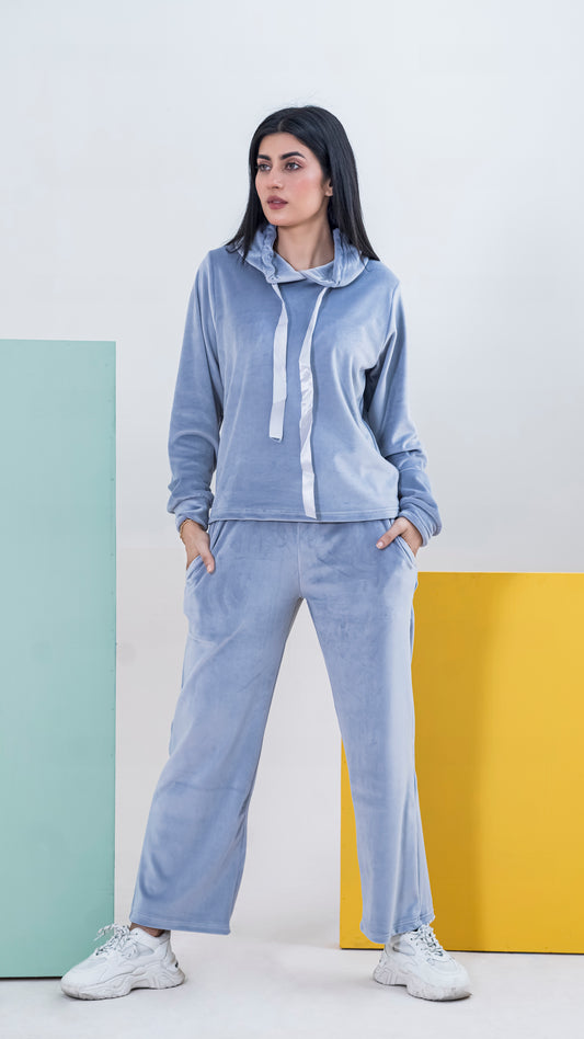 Velvet Pullover Hood Tracksuit For Women-2354-Grey
