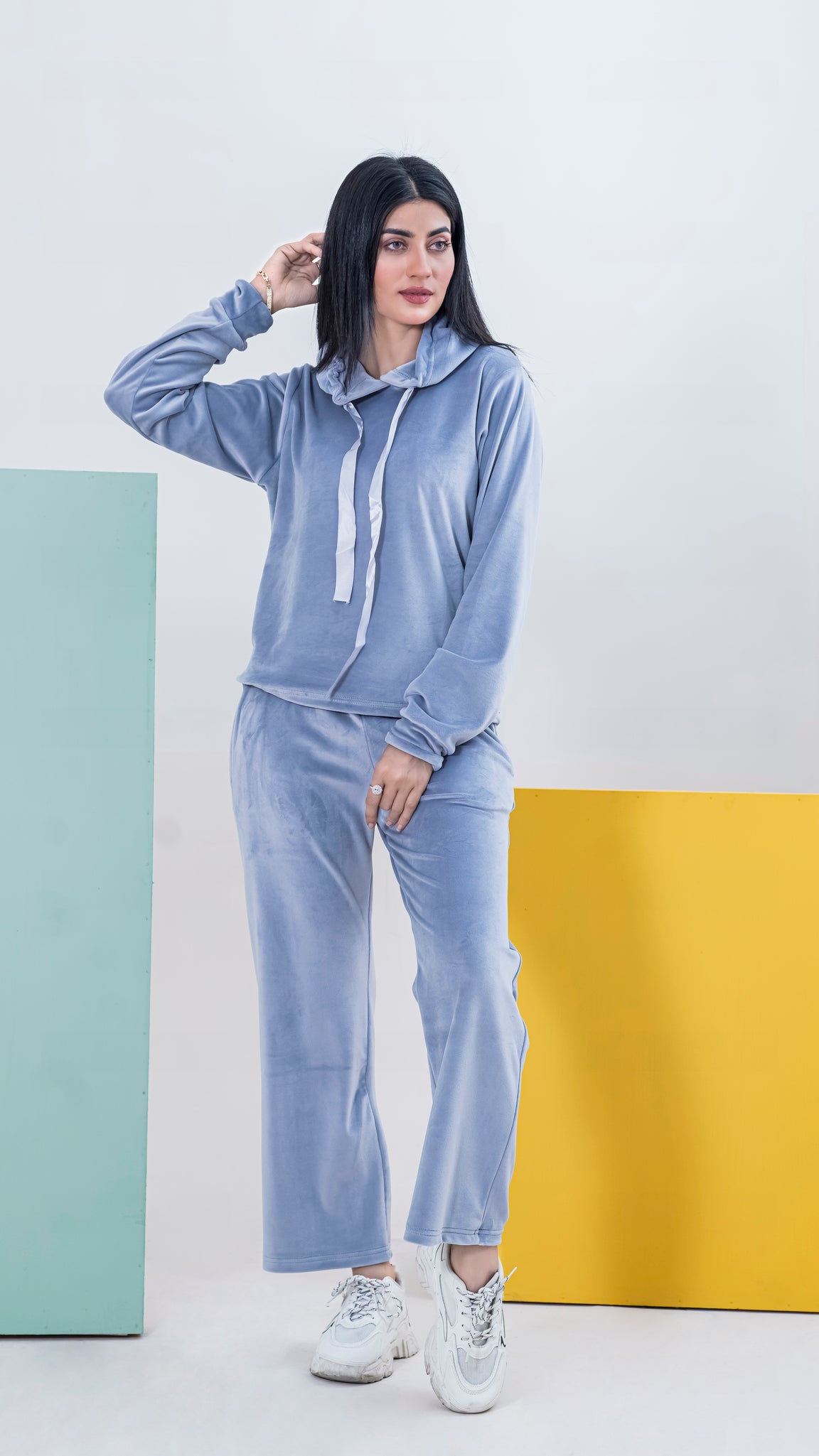 Velvet Pullover Hood Tracksuit For Women-2354-Grey