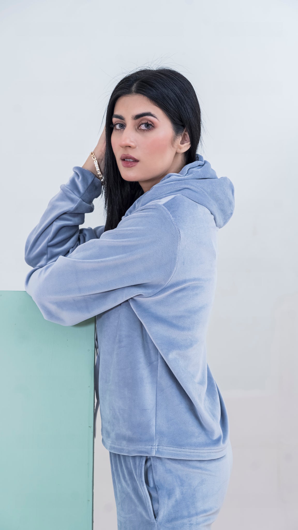 Velvet Pullover Hood Tracksuit For Women-2354-Grey