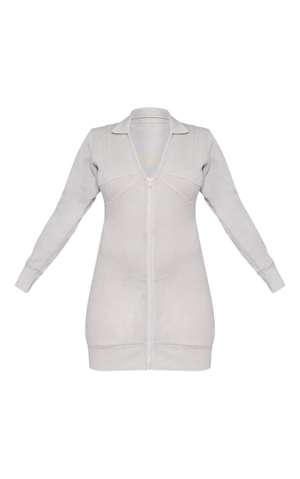 PLT Exposed Seam Zip Up Sweat Bodycon Dress-2373-Stone