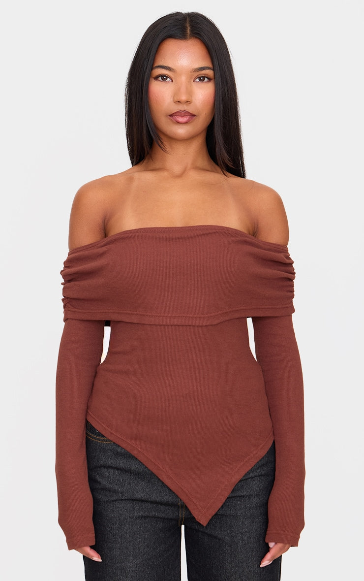 Foldover Bardoat Dipped Hem Long Top-2639
